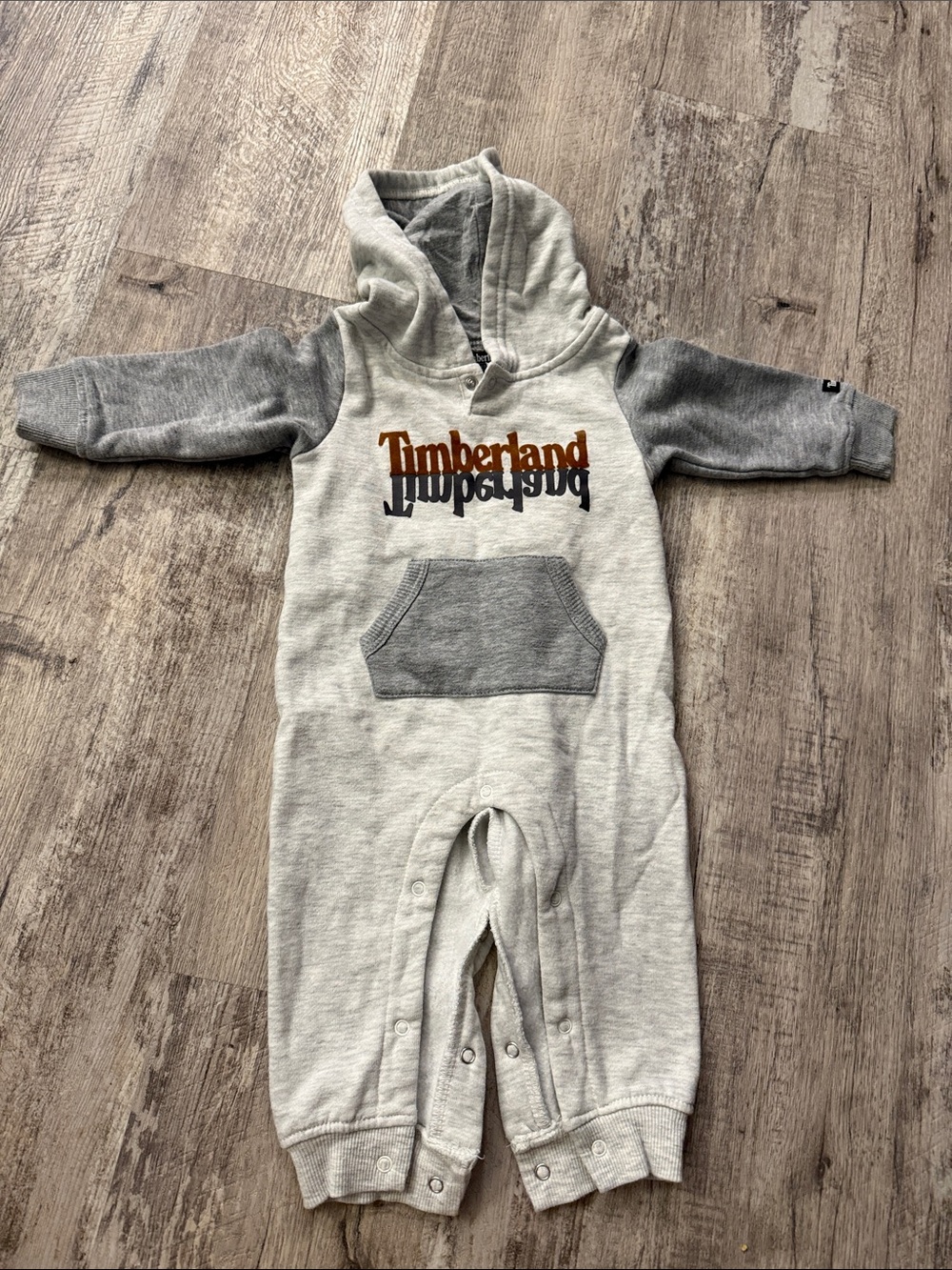 **4 for $15** Timberland Grey and Heather Hooded Baby One-Piece with Logo